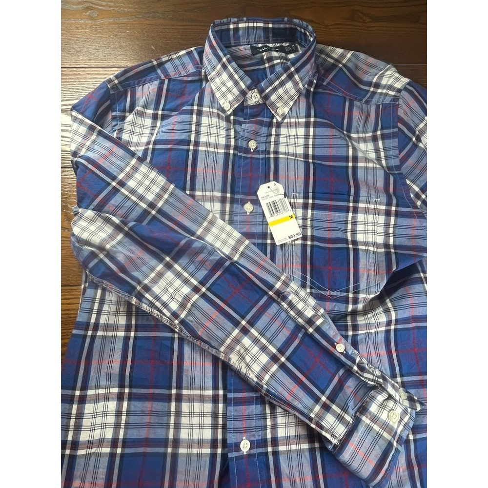 NEW Nautica Flex Shirt Mens Medium Blue Red White Plaid Long Sleeve Button Down
